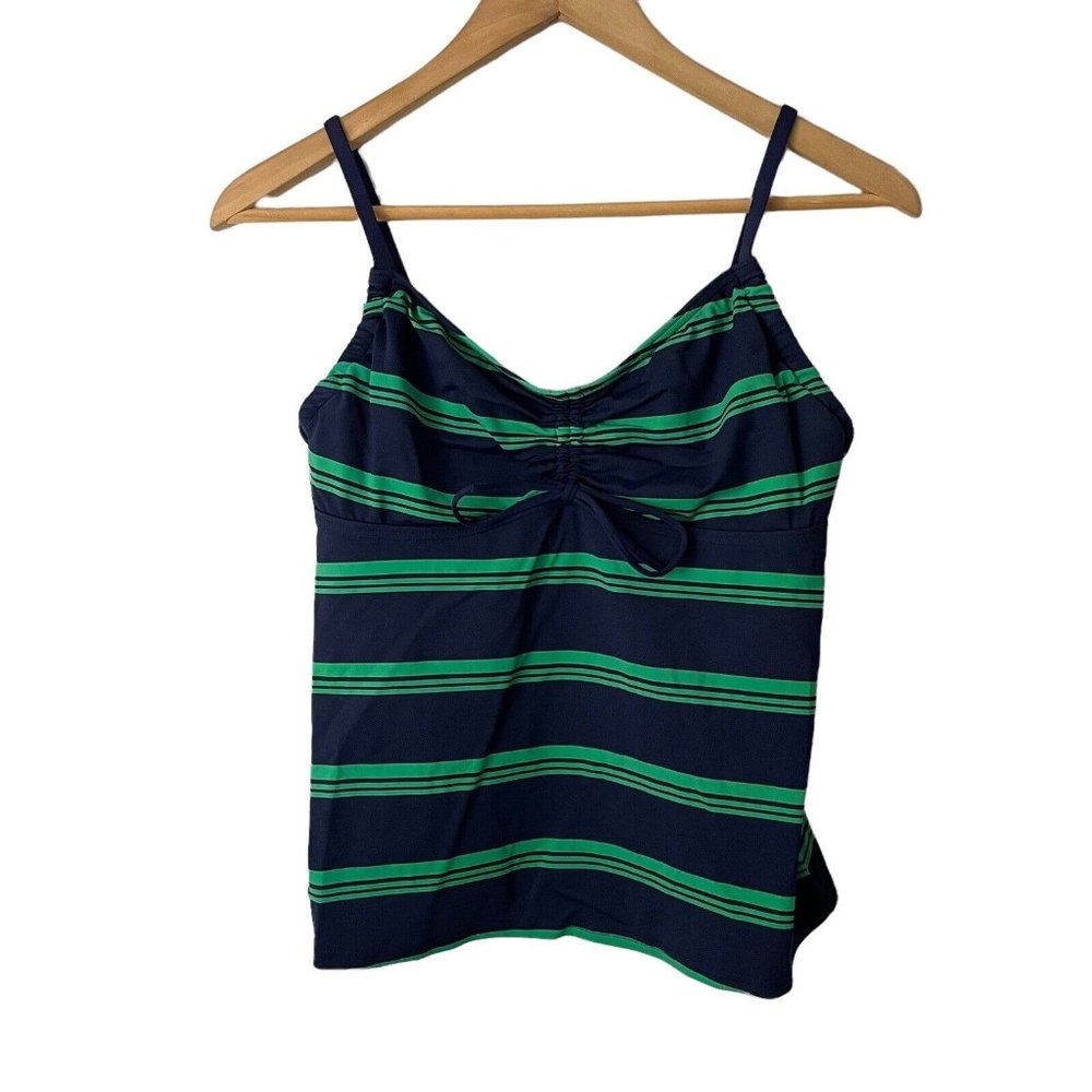 Lands' End Navy Blue Green Striped Sleeveless Tankini Swimsuit Top Size 8